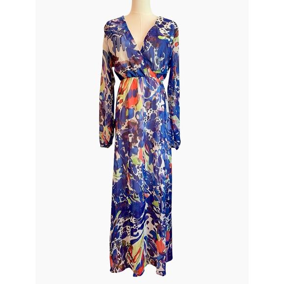 Tropical Resort Chiffon Maxi Dress Womens Size Large V Neck Artsy Beach Flowy - Picture 1 of 6